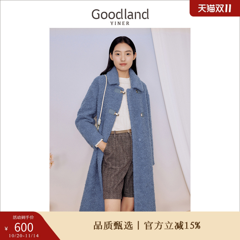 Goodland美地女装冬季优雅长款金属搭扣环保羊毛皮草大衣外套