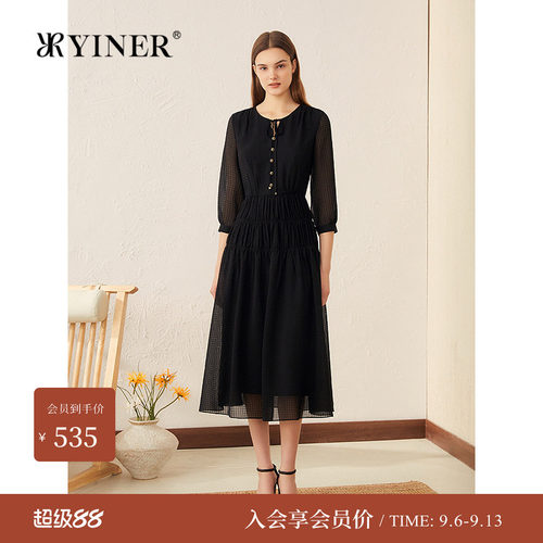 YINER音儿专选夏季新款法式飘带领华夫格泡泡纱蛋糕裙连衣裙