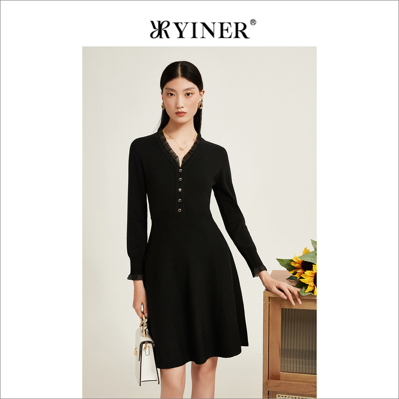 【美丽诺羊毛】YINER音儿专选女装冬季气质小黑裙针织连衣裙