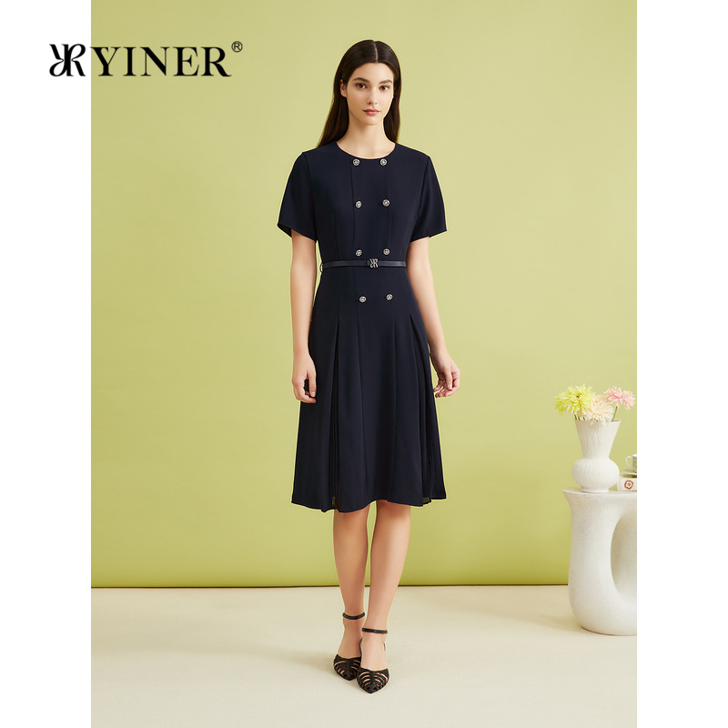 YINER音儿专选夏季法式收腰双排扣收腰A字连衣裙