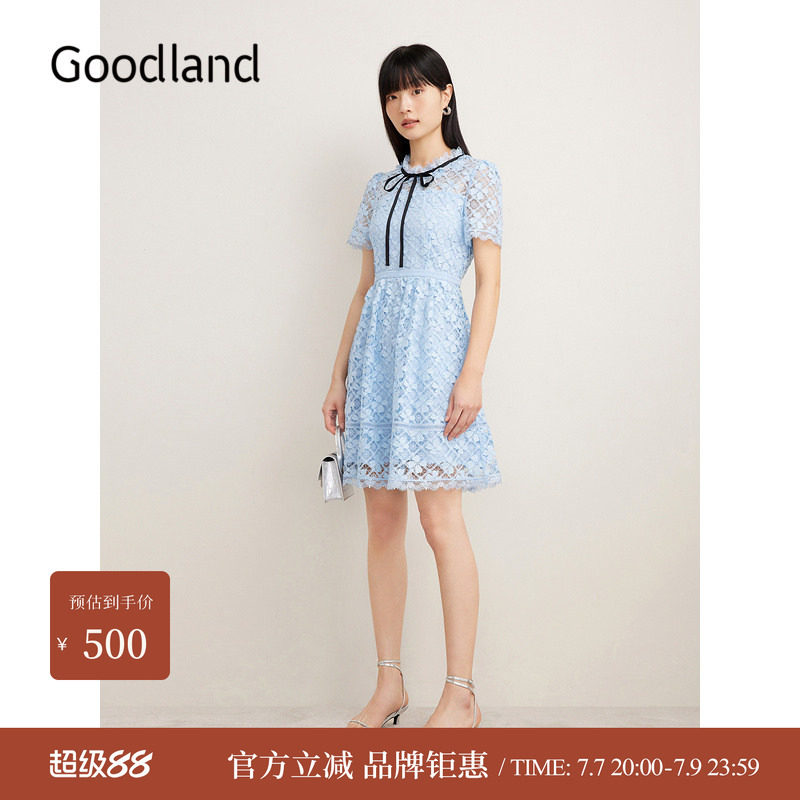 【博主同款】Goodland美地夏季蕾丝赫本蝴蝶结收腰连衣裙