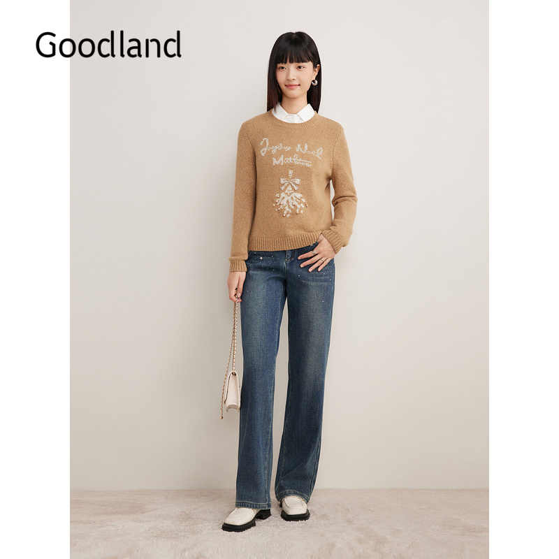 Goodland美地女装冬季时尚羊毛亮丝钉珠蝴蝶结装饰毛针织衫