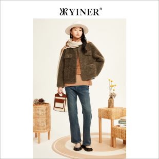优雅圆领金属扣饰保暖环保羊毛皮草外套 法式 YINER音儿女装 冬季