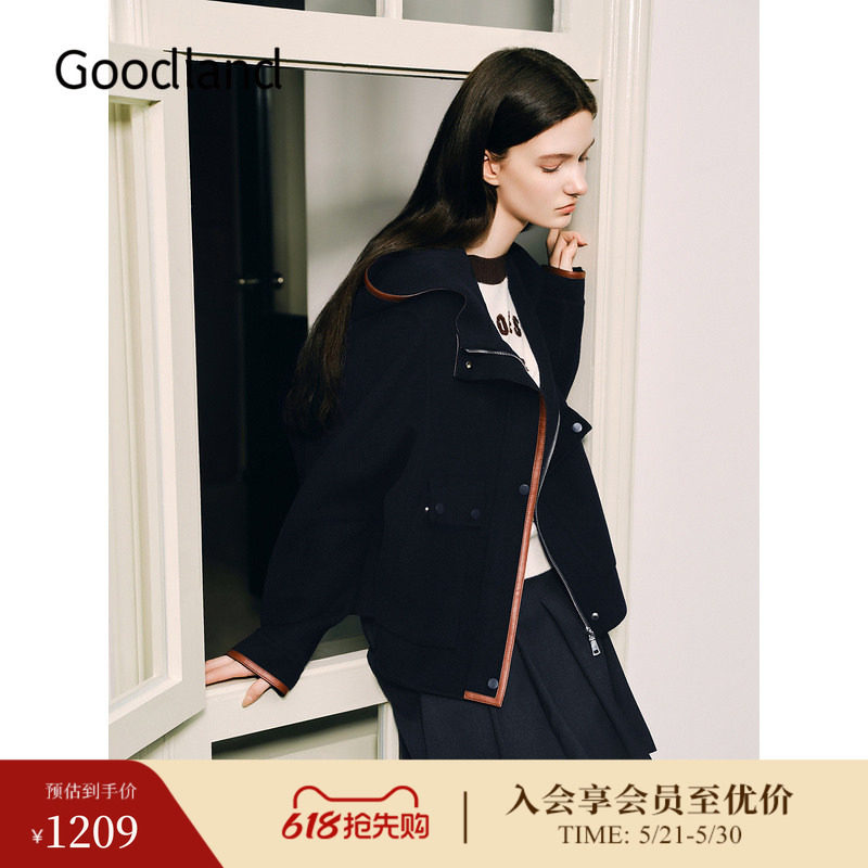 【100绵羊毛】Goodland美地冬季老钱风连帽毛呢外套