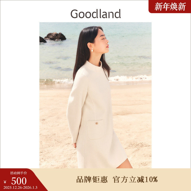 Goodland美地女装冬季小香风立领金属扣饰纯羊毛双面毛呢连衣