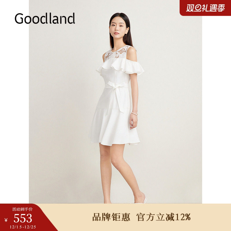 Goodland美地夏季镂空刺绣露肩荷叶花边仙女连衣裙