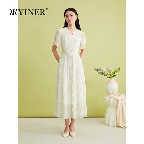 YINER音儿专选夏季法式高腰小白裙优雅半开领连衣裙