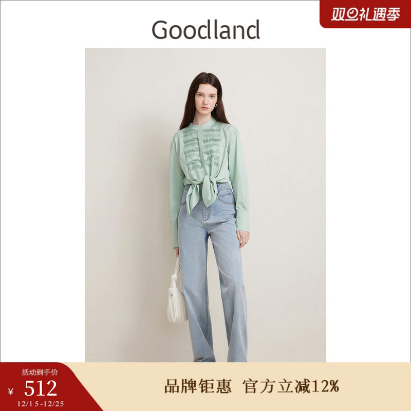 Goodland美地春季法式优雅风琴褶圆领纯棉衬衫设计感上衣