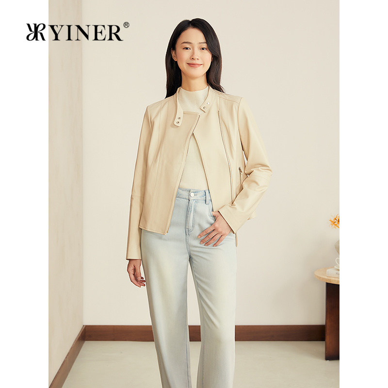 YINER音儿专选秋季新款法式短款小立领柔软绵羊真皮皮衣夹克外套