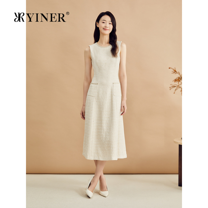 YINER音儿女装秋季法式珠片花纱吊带裙子优雅A字连衣裙