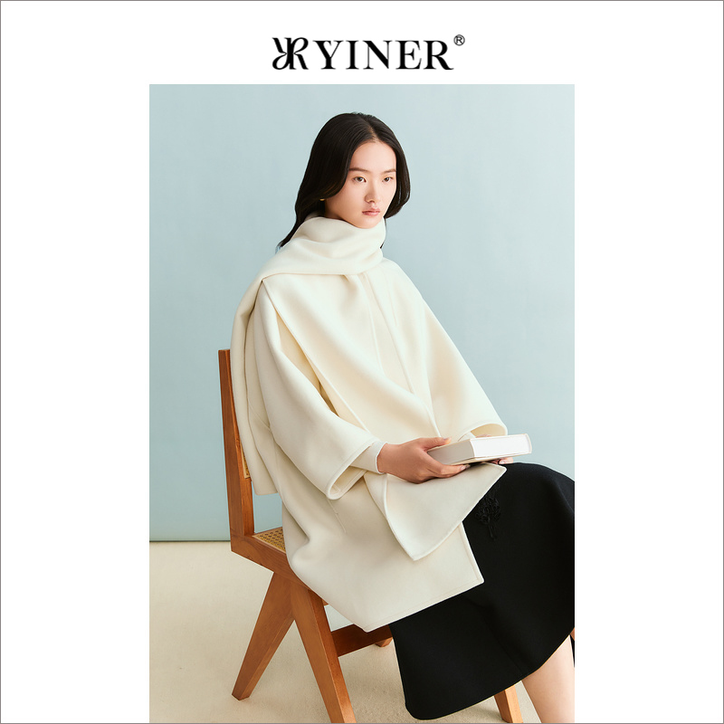 【100绵羊毛】YINER音儿女装冬季围脖式外套双面毛呢大衣