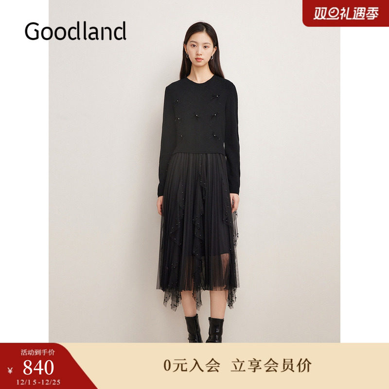 Goodland美地女装冬季时尚羊毛小黑裙拼接假两件网纱连衣裙