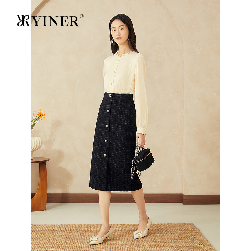 YINER音儿专选2025春季新款法式小香风闪丝高腰直筒廓形半身裙