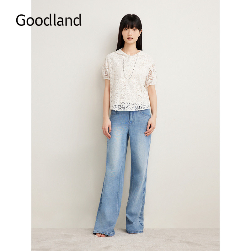 Goodland美地女装夏季时尚度假风钩花镂空蕾丝连帽T恤上衣