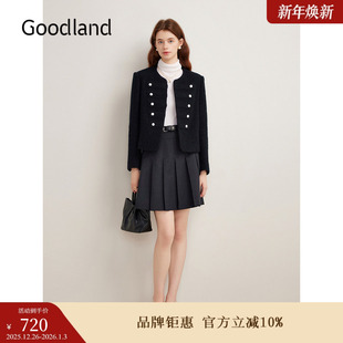 外套 饰短款 Goodland美地秋季 小香风纯绵羊毛纽扣装