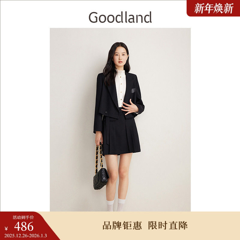 Goodland美地春季法式优雅百褶减龄小黑裙羊毛A字半身裙