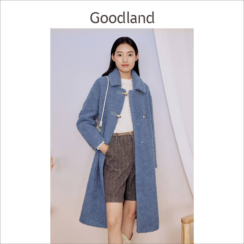 Goodland美地女装冬季优雅长款金属搭扣环保羊毛皮草大衣外套