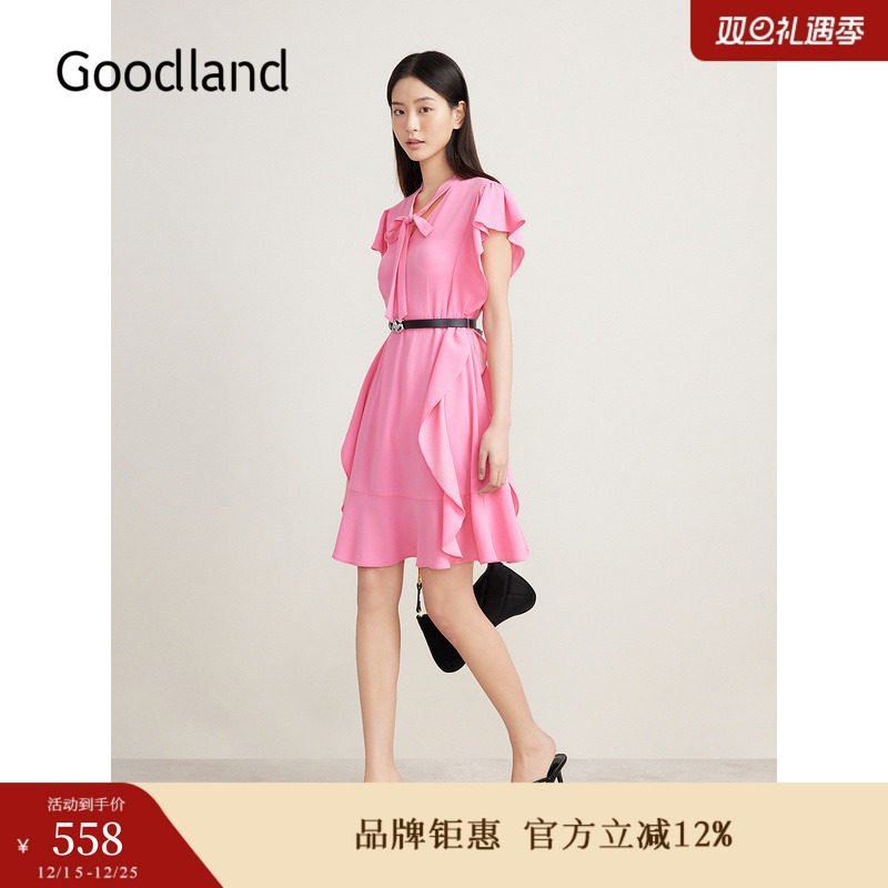 Goodland美地夏季浪漫荷叶边飞飞袖V领飘带连衣裙