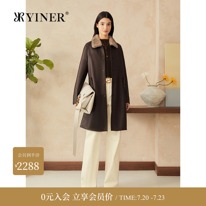 【A级绵羊皮】YINER音儿专选春季新款中长款水貂毛领真皮皮衣