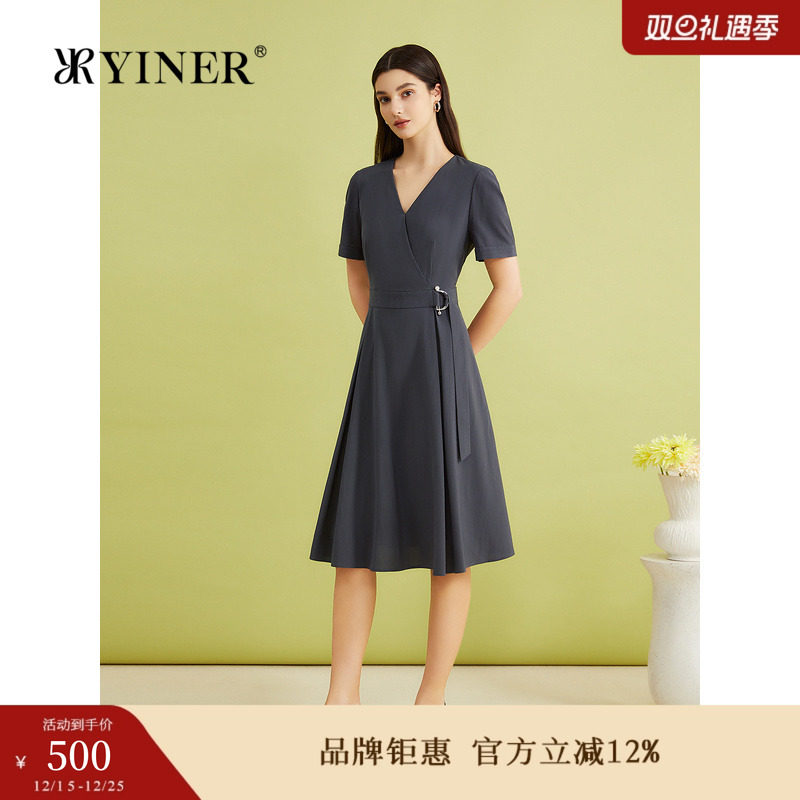 YINER音儿专选女装夏季法式优雅时尚V领系带收腰连衣裙