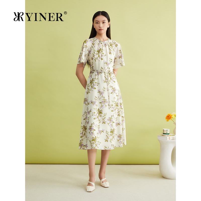 YINER音儿专选2024夏季新款法式诗意花园印花系带收腰连衣裙