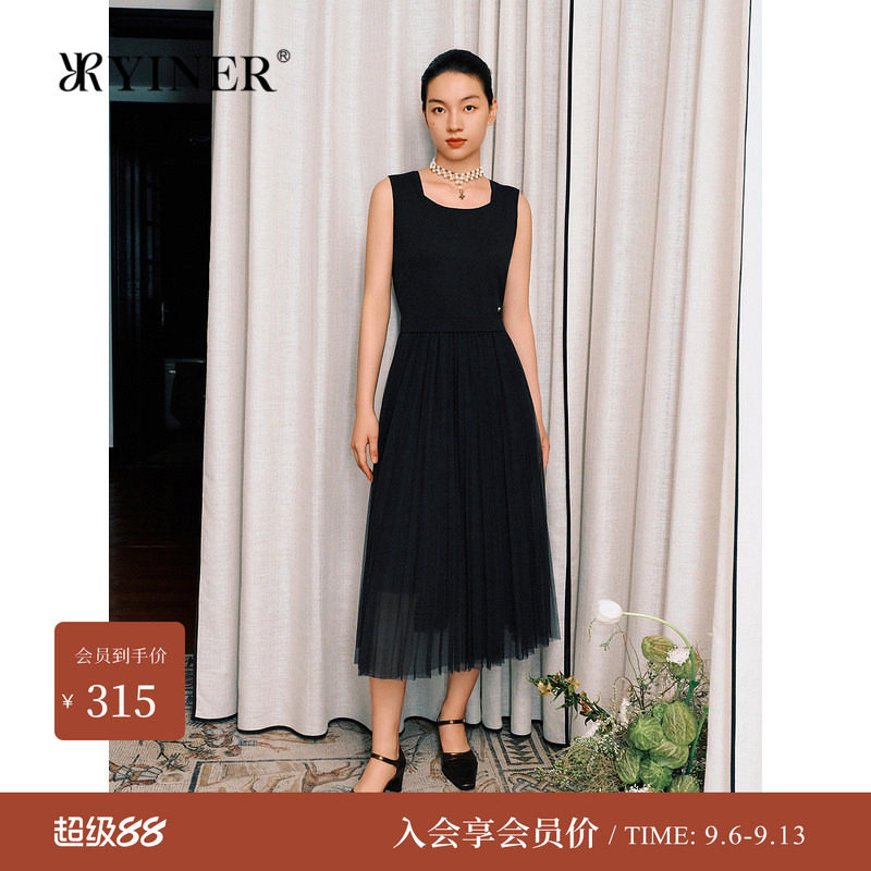 音儿女法式方领小黑针织连衣裙图片