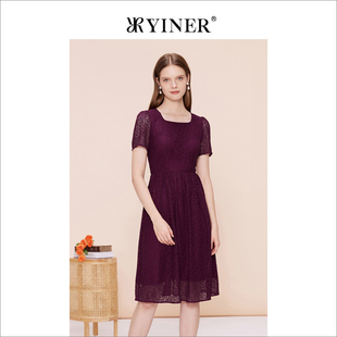 YINER音儿专选女装 酒红色连衣裙 夏季 方领收腰修身