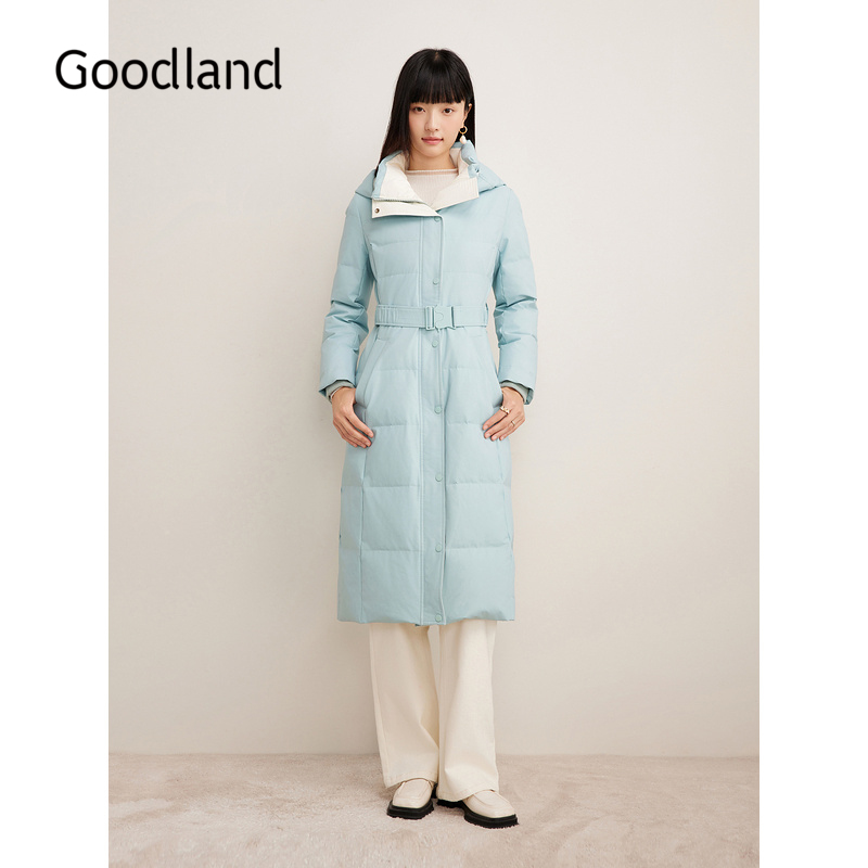 Goodland美地女装冬季时尚厚实保暖高克重长款连帽廓形羽绒服