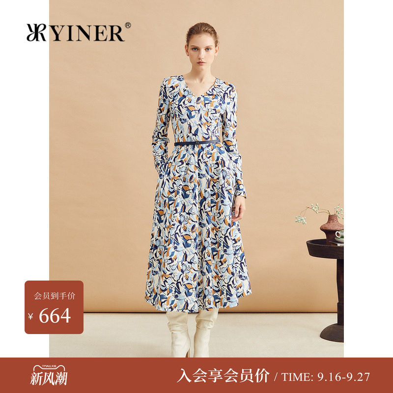 YINER音儿女装冬季时尚优雅V领羊毛印花连衣裙女长袖图片