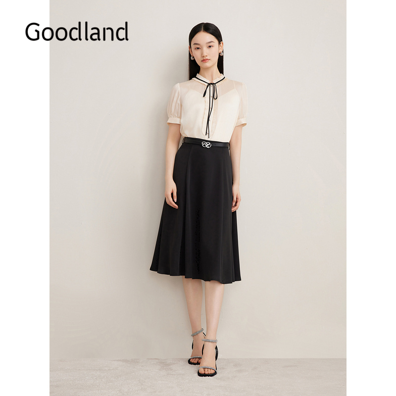 Goodland美地夏季法式优雅荷叶花边衬衫肌理绉感泡泡袖上衣