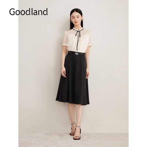 Goodland美地夏季法式优雅荷叶花边衬衫肌理绉感泡泡袖上衣
