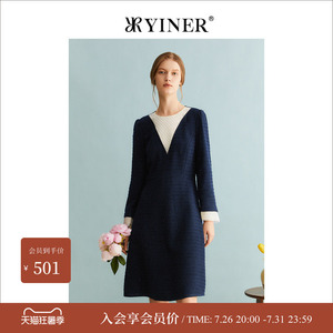 YINER音儿专选女装冬季法式撞色金属闪丝收腰修身连衣裙