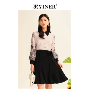 YINER音儿专选春季女装刺绣印花长袖收腰气质polo衬衫连衣裙