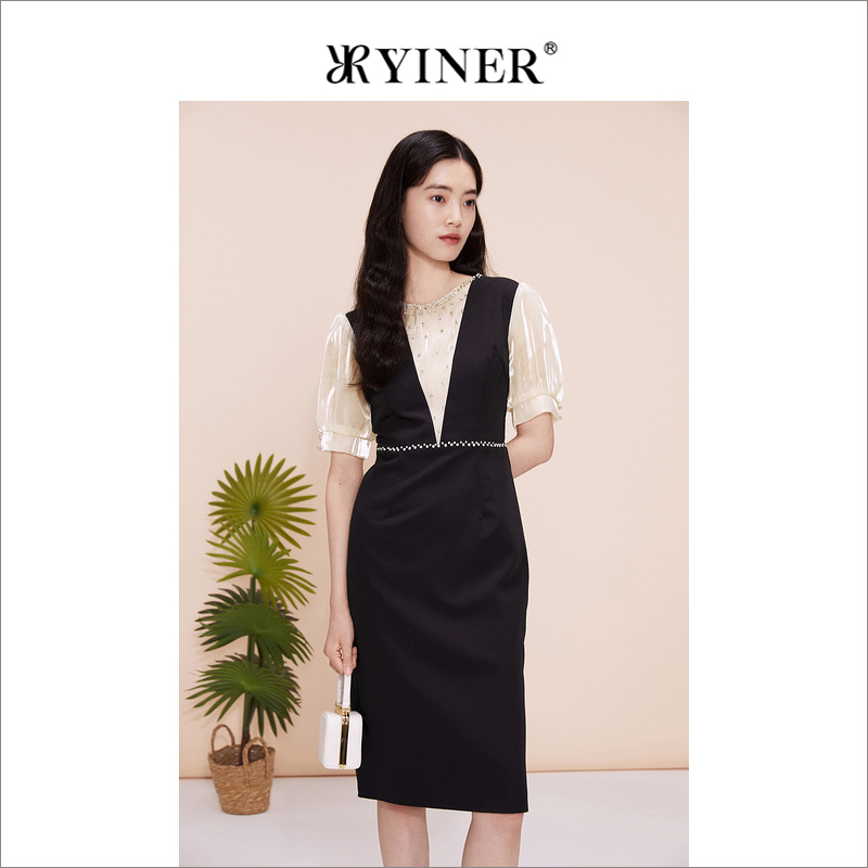 YINER音儿专选女装夏季法式钉钻圆领公主袖收腰连衣裙