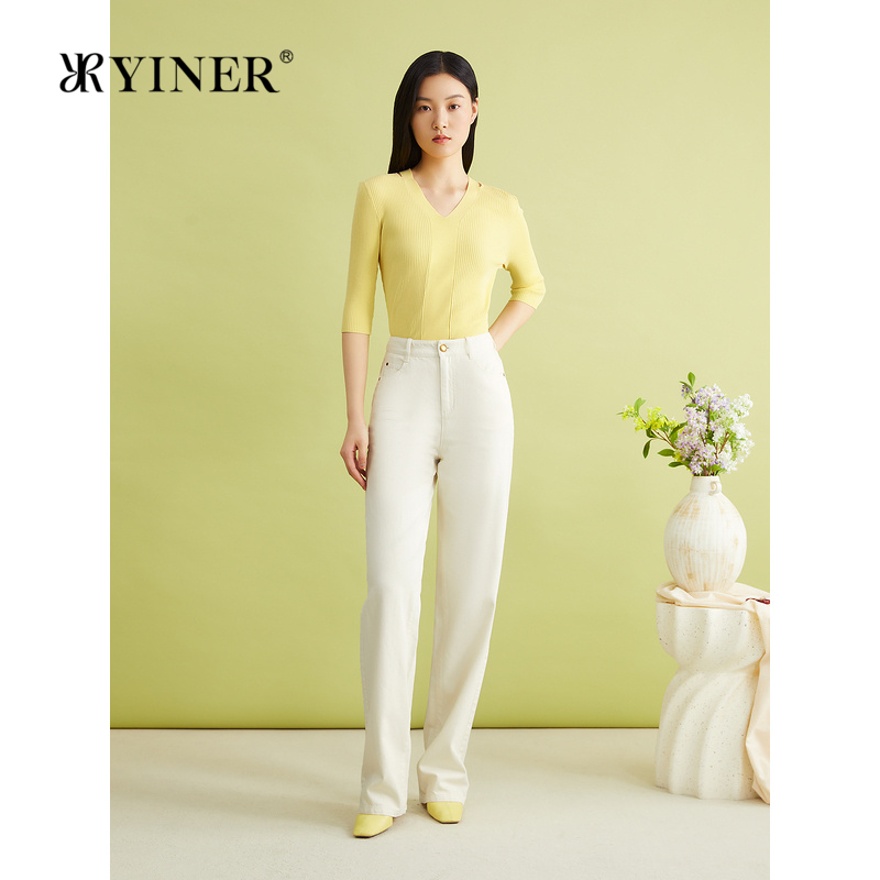 YINER音儿女装夏季法式时尚镂空设计V领桑蚕丝混纺针织衫套头