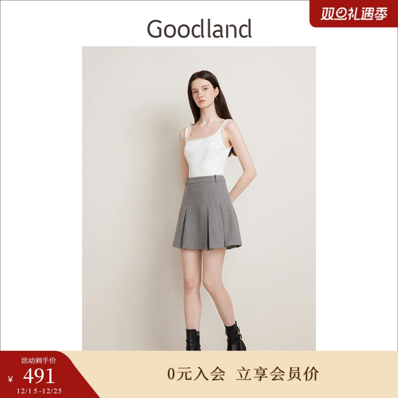 Goodland美地春季法式优雅法式复古百褶A字半身裙