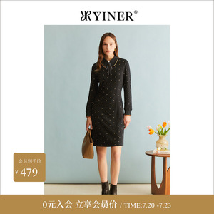 YINER音儿专选冬季女装法式翻领撞色侧边收腰A字连衣裙