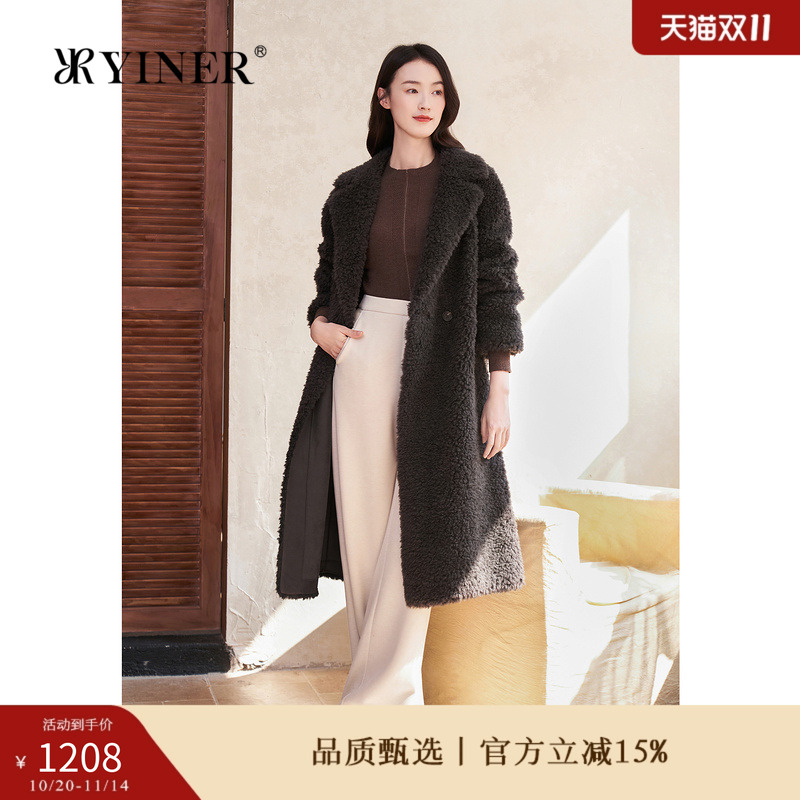YINER音儿专选女装冬季时尚长款西装领环保羊毛皮草大衣外套