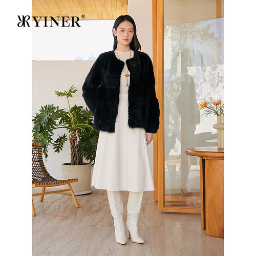 YINER音儿专选冬季新款优雅貉子毛拼羊毛拼水貂毛皮草外套