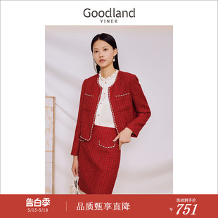 Goodland美地女装 2023秋季 名媛小香风 粗花呢圆领钉钻短外套