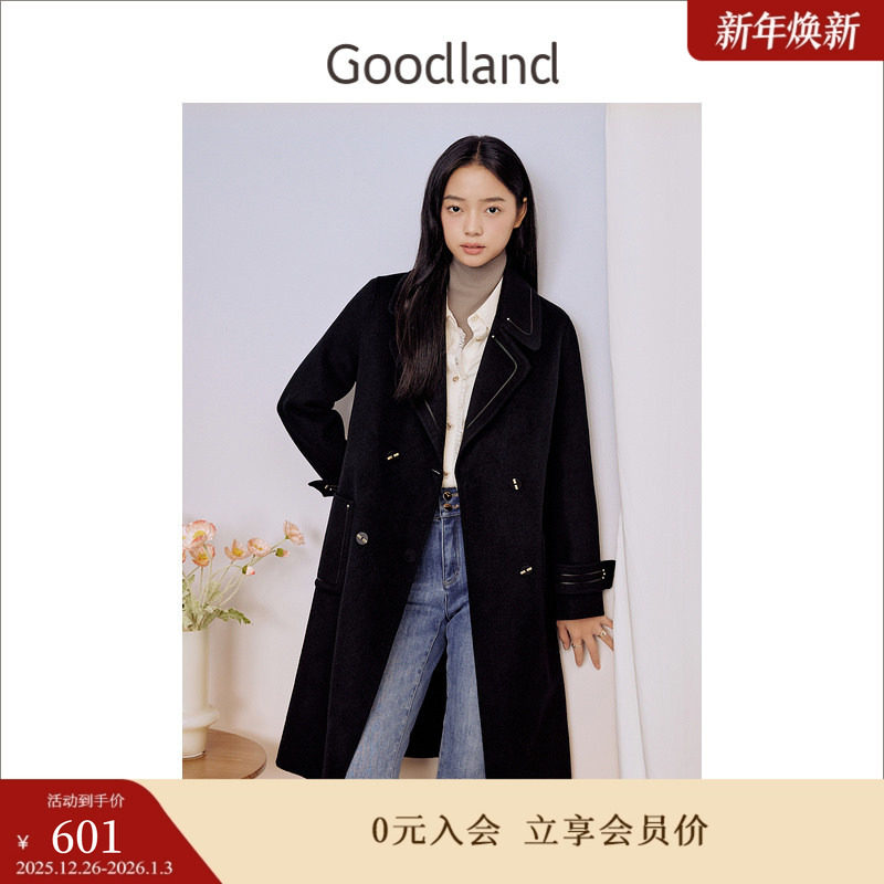 【100绵羊毛】Goodland美地女装冬季长款翻领收腰双面呢大
