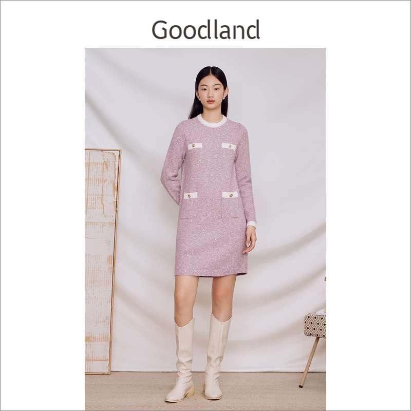 Goodland美地女装冬季香芋紫拼色针织圆领h型连衣裙