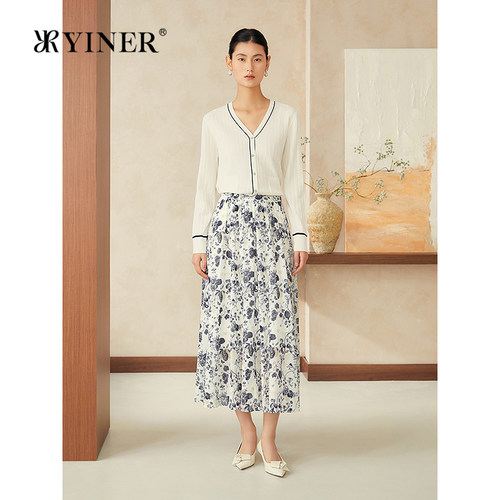 YINER音儿夏季新款桑蚕丝法式暗波浪纹米白色亲肤毛针织衫