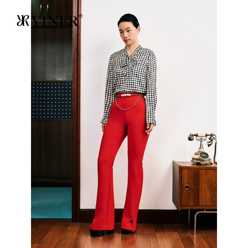 【1996系列】YINER音儿女装冬季时尚中国红喇叭长裤休闲裤