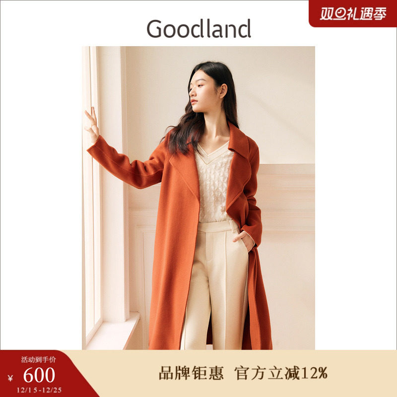 【100绵羊毛】Goodland美地女装冬季大翻领双面毛呢大衣