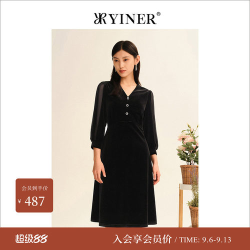 小黑裙赫本风V领丝绒长袖连衣裙