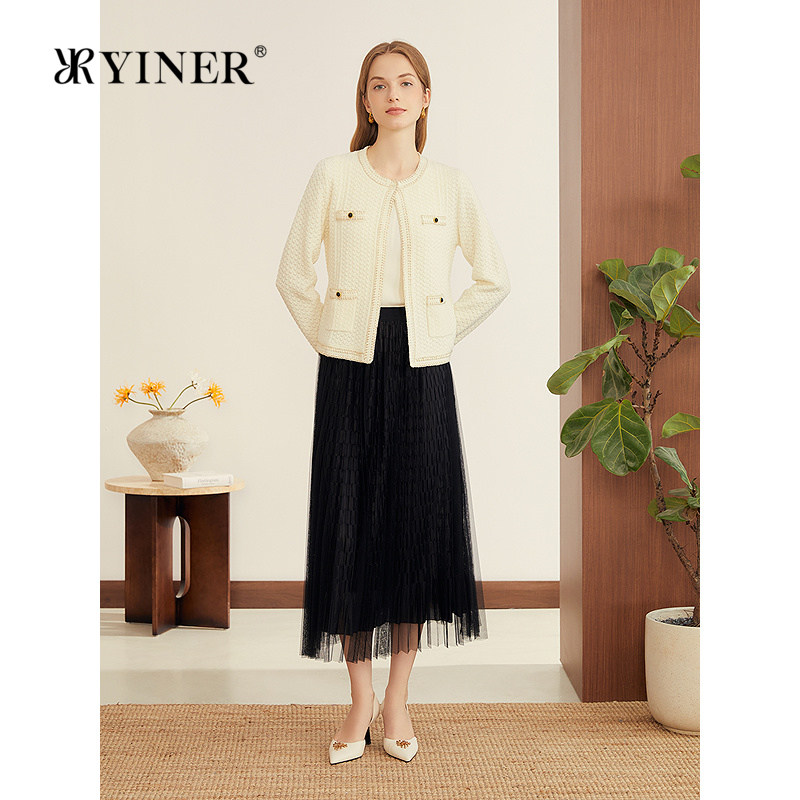 YINER音儿专选春季新款法式小香风菱形菠萝纹针织开衫外套