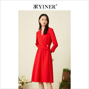 YINER音儿女装春季时尚半开领收腰绵羊毛连衣裙