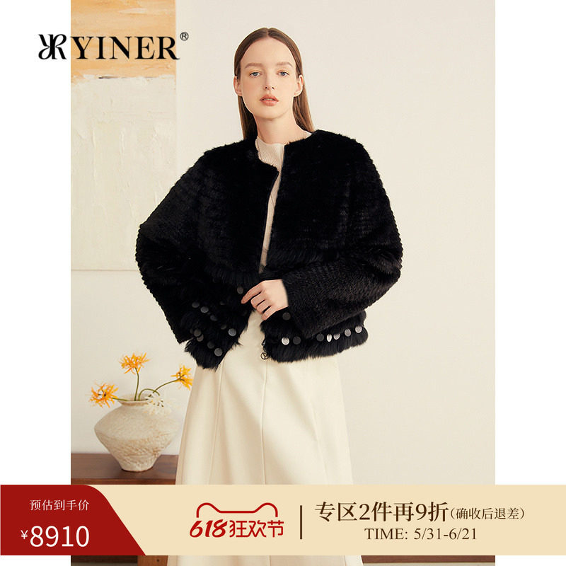 YINER音儿专选春季新款优雅水貂毛拼接狐狸毛流苏短皮草外套