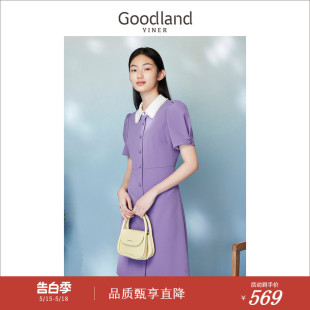 收腰设计感连衣裙 撞色翻领泡泡袖 夏季 Goodland美地女装